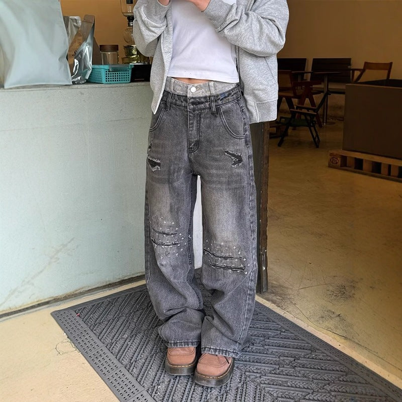 American Stitching Double Waist High Street Gamle Ripped Dirty Jeans All-match