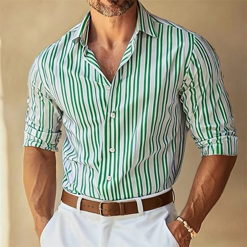 Men's Lapel Button-Down Striped Collar Shirt