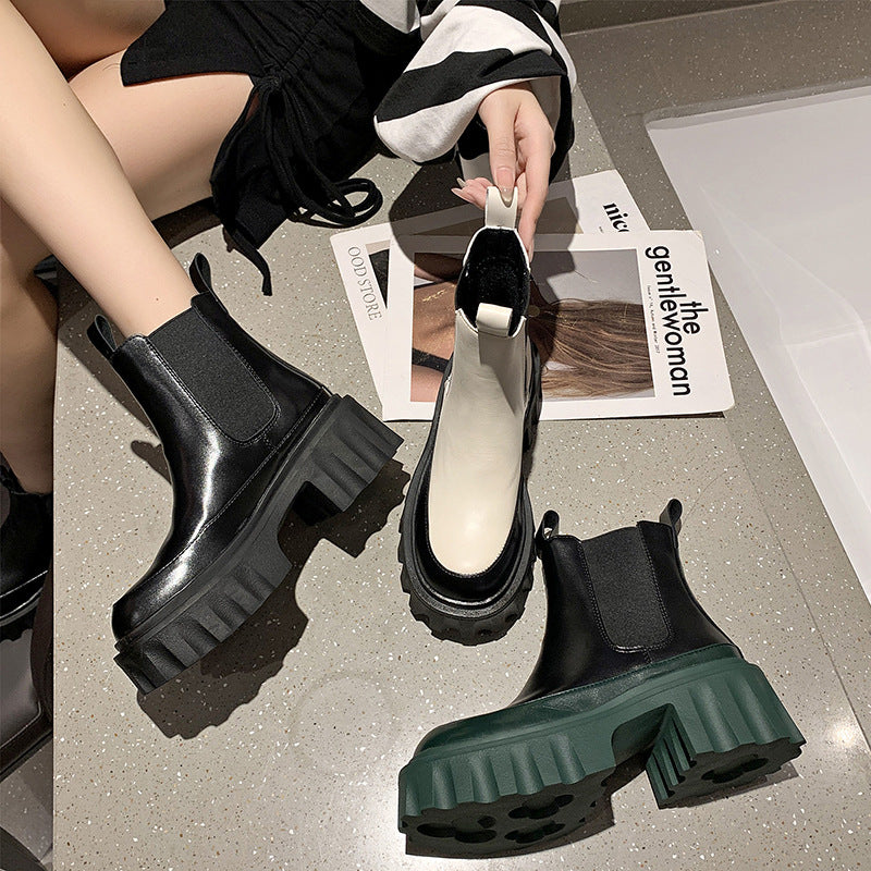 Women's Leather Mid-tube Thick-soled Thick-heel Martin Boots