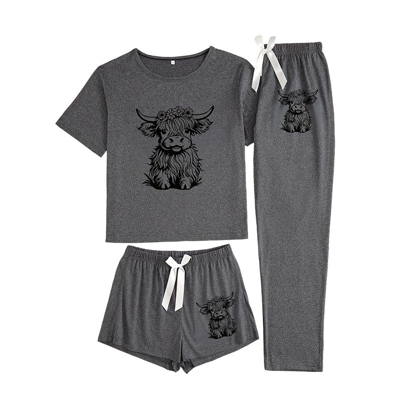 Western Bull Head Print 3-Piece Short-Sleeve Shorts Set