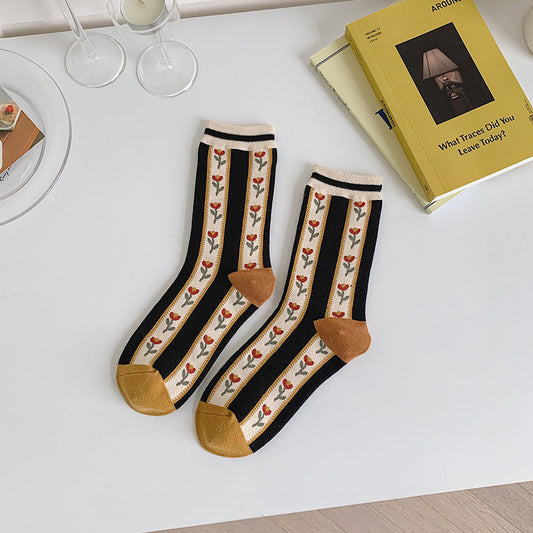 One-piece Mechanism Boneless Stitching Vintage Mori System Gold Color System Text Mid-thigh Women's Socks
