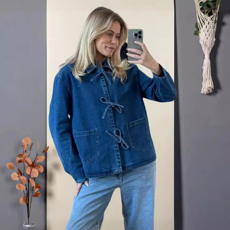 Denim Long Pocket Stand Collar Top
