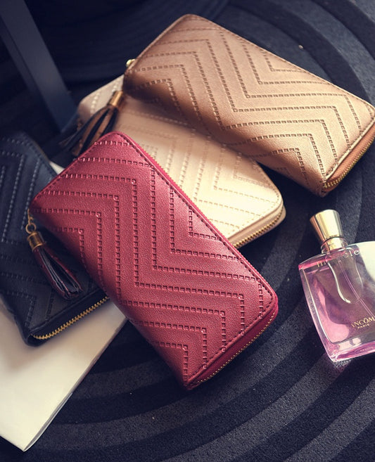 Pu small tassels 1 fold wallet trendy Korean fashion long wallet simple multi-card wallet