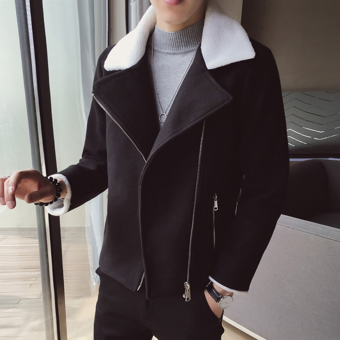 Lambs Wool Short Diagonal Zipper Jacket