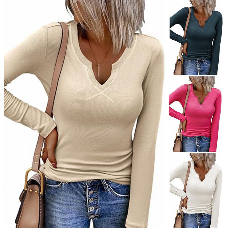 Women's Hot Sunken Stripe Deep U Crisscross Neckline Long-sleeved T-shirt Top
