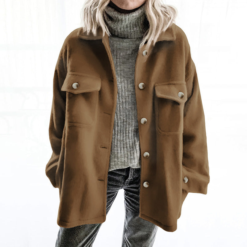 Women's Solid Color Pocket-breasted Lapel Woolen Coat