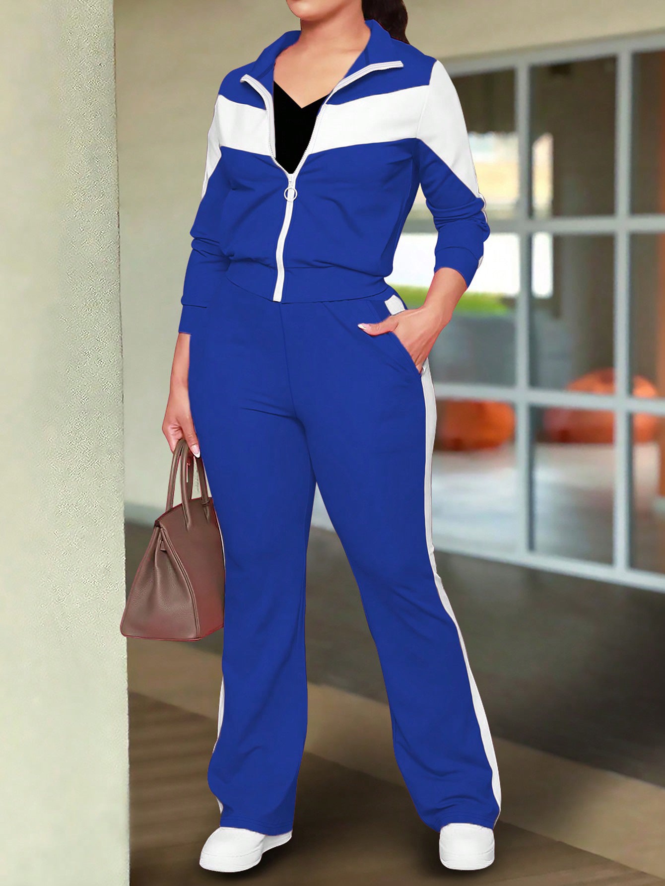 Fashionable And Comfortable Color-block Sporty Zip-up Jacket And Casual Pants Two-piece Set