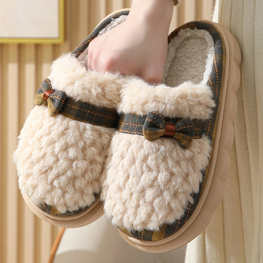 Vinter Plys Sutsko Med Sløjfe Og Knap Design Indendørs Skridsikre Tyksålede Hjemmesko I Pels Fluffy Hjemmesko Til Kvinder Varme Strømpesko