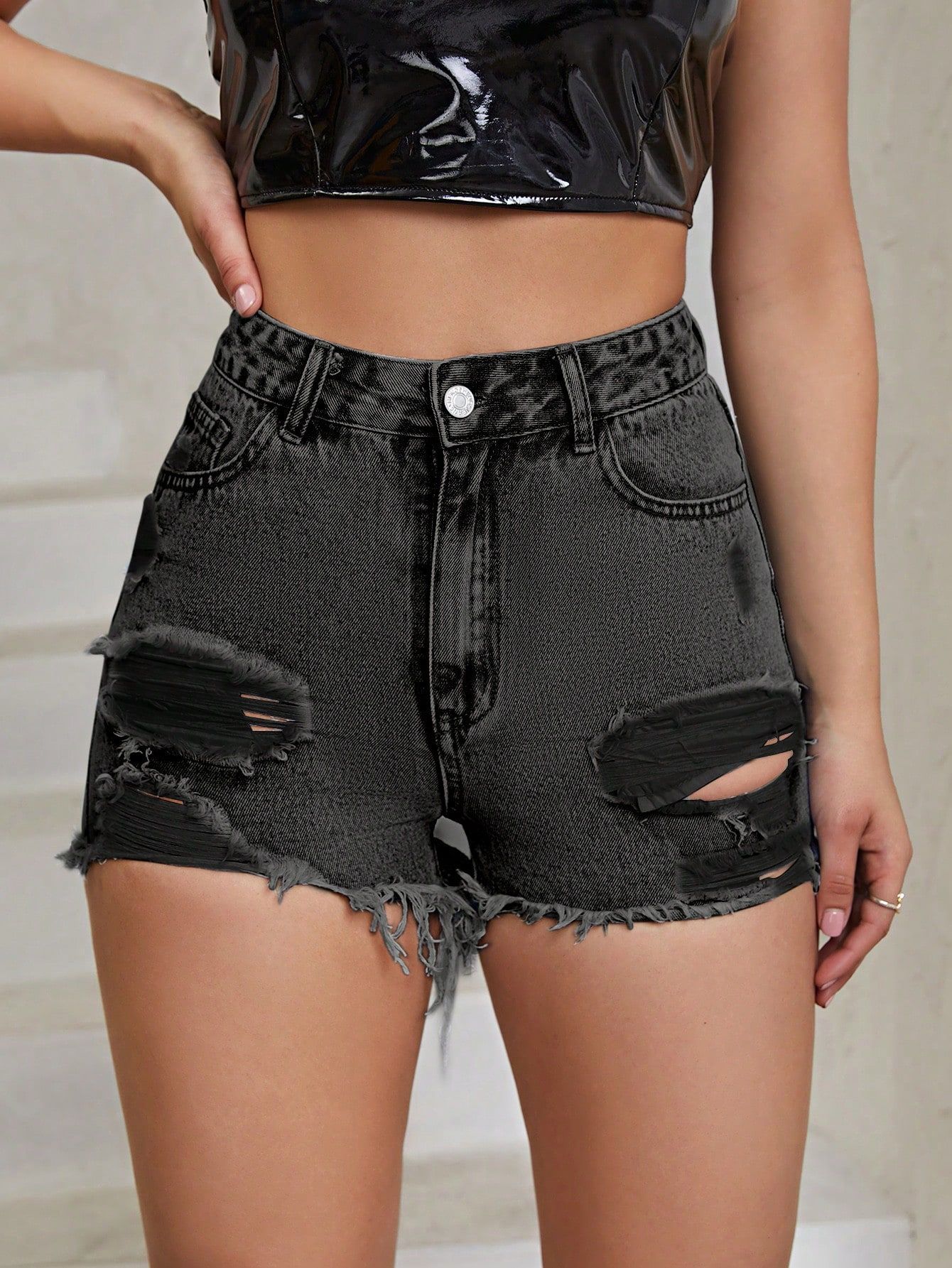 Womens Casual High-waisted Raw-edge Ripped Denim Shorts