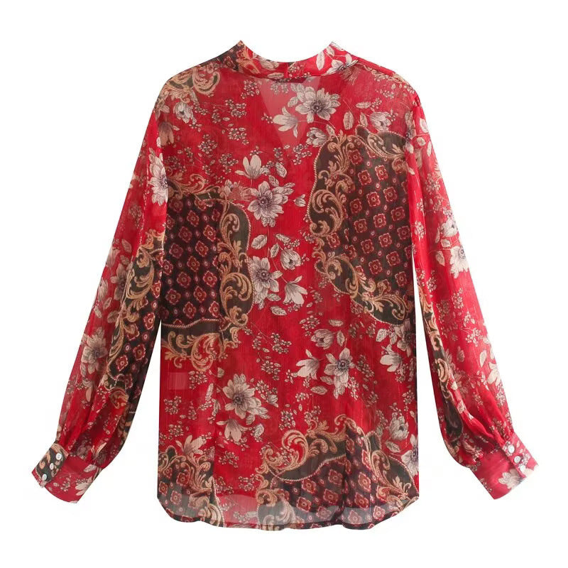 Guldtråd Chiffon Print Skjorte Med Sløjfe