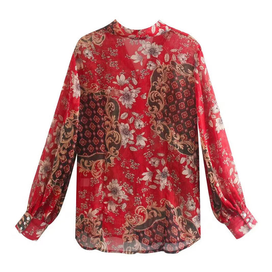 Guldtråd Chiffon Print Skjorte Med Sløjfe