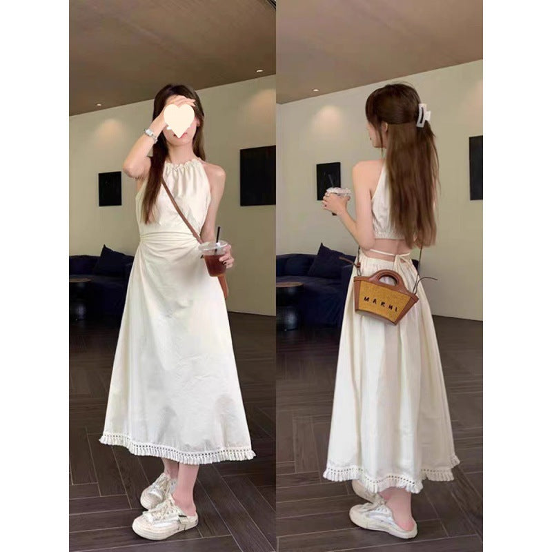 Womens Hollowed-Out Midriff-Baring Halter-Neck Slip Dress