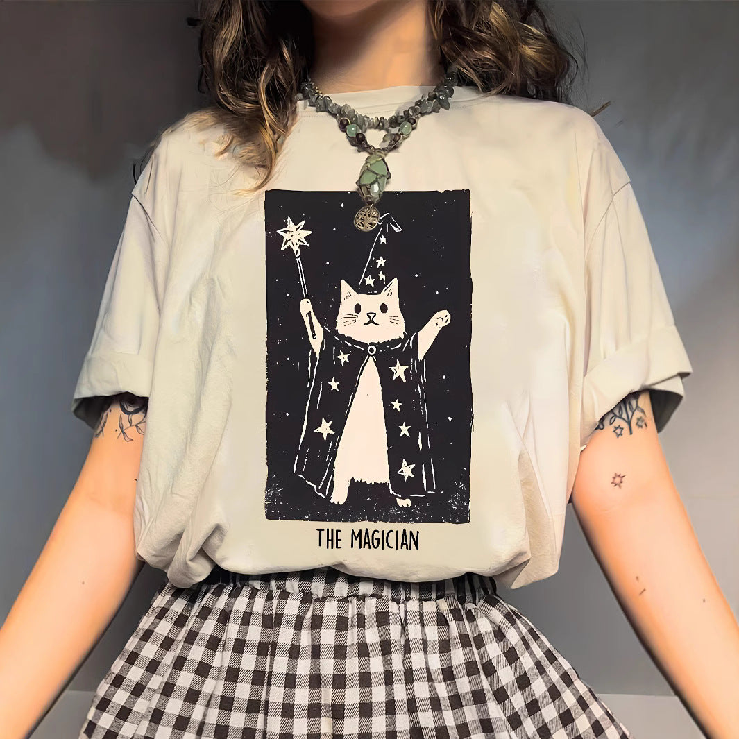 Kvinders Magiske Kat Sød Kortærmet T-shirt med Print