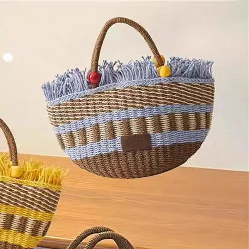 Picnic Basket Tassel Wooden Bead Decorative Cute Handbag Hand Woven