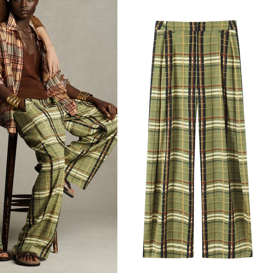 Women's Linen Plaid Slim-fit Straight-leg Casual Pants