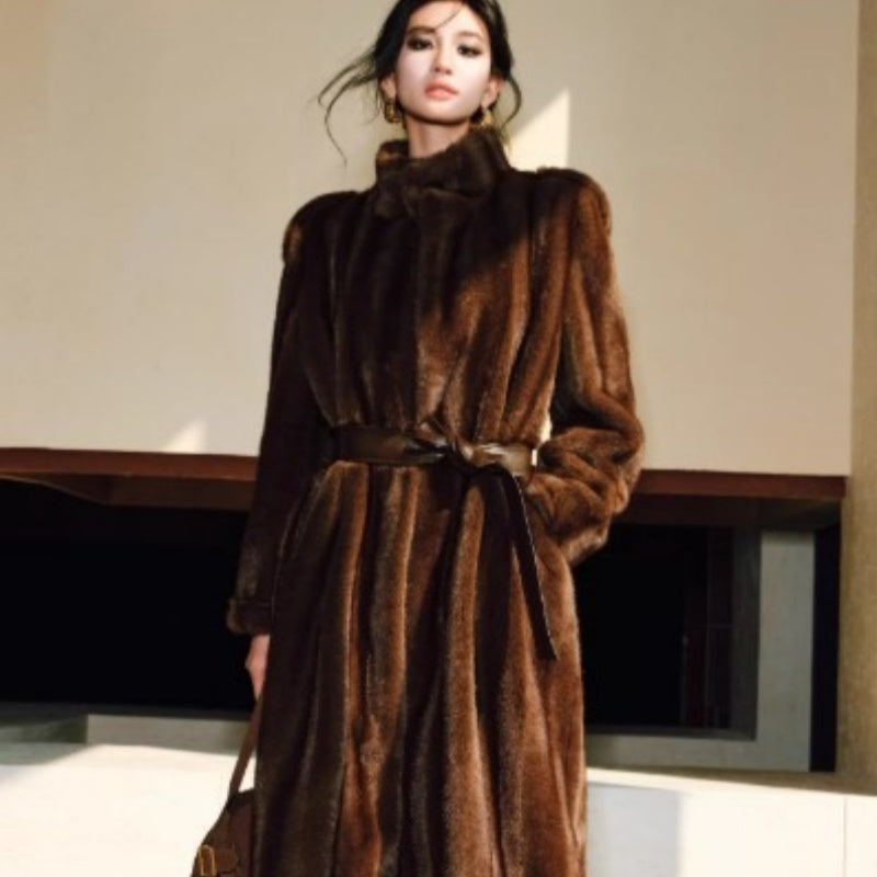 Mink-textured Three-dimensional Silhouette Belt Eco-fur Coat