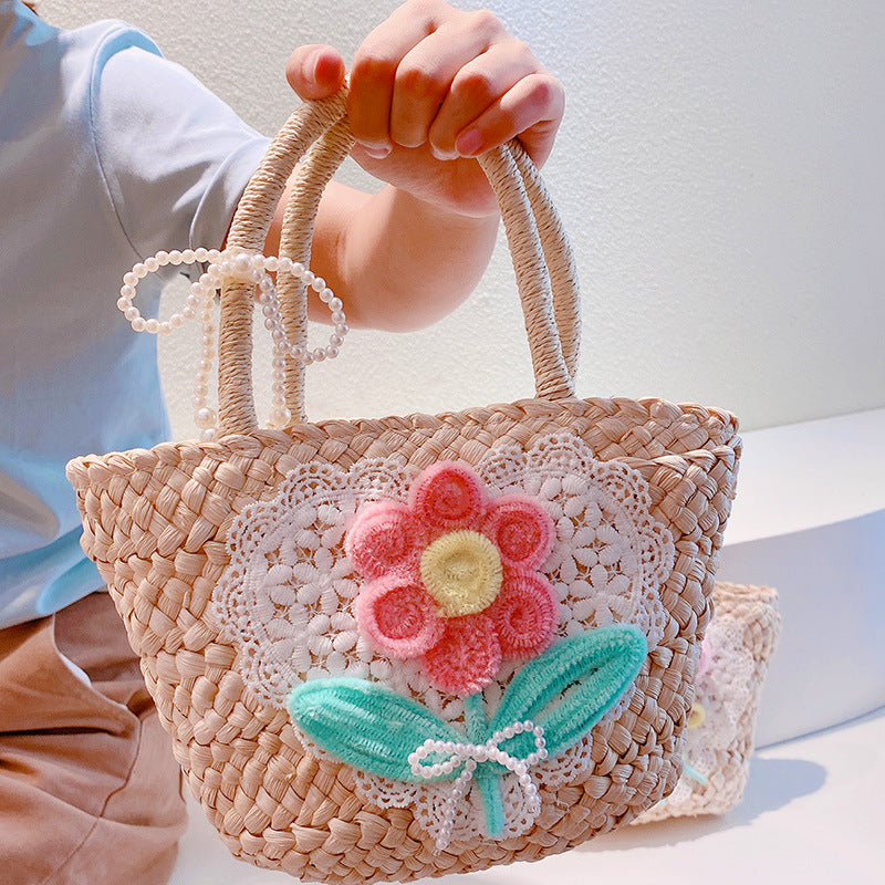 Sweet Flowers Lace Love Woven Handbag Pearl Handheld Fan