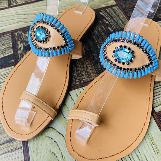 Sapphire Rhinestone Set Toe Flat Slippers European And American Large Size