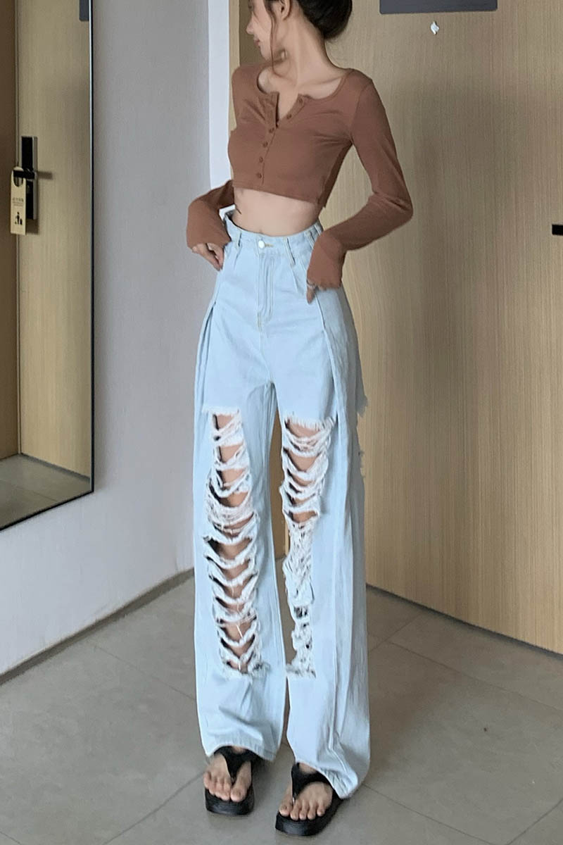 Ripped Straight Højtaljede Wide Leg-bukser Løse Mopping