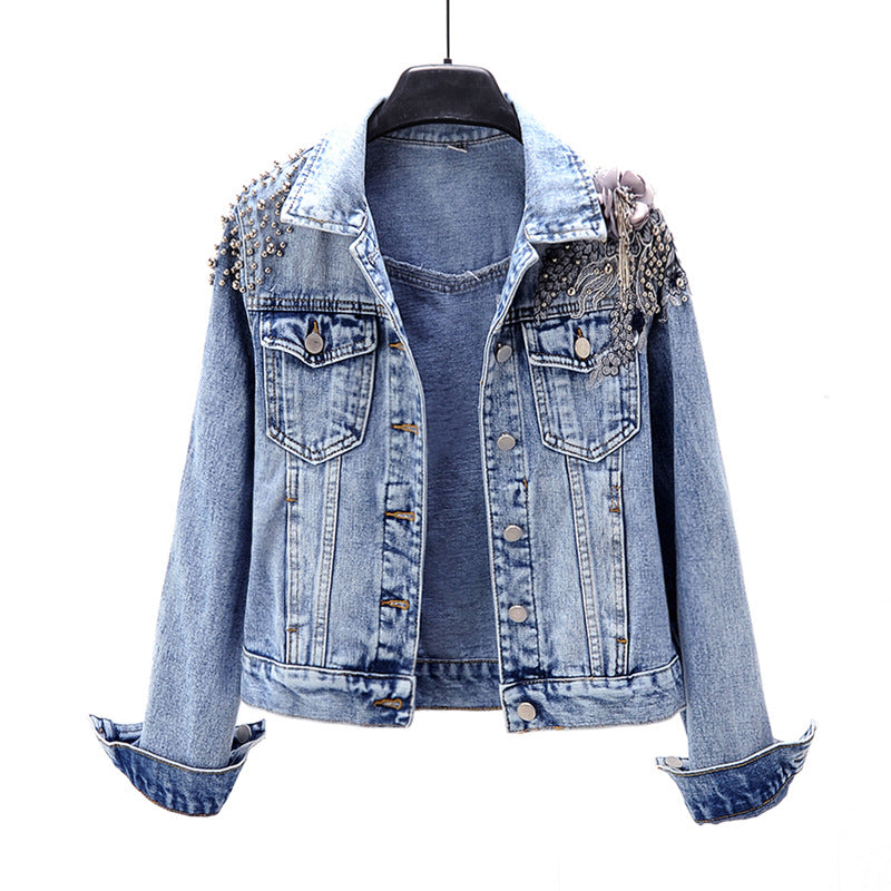 Jaqueta jeans de manga longa com flores bordadas pesadas