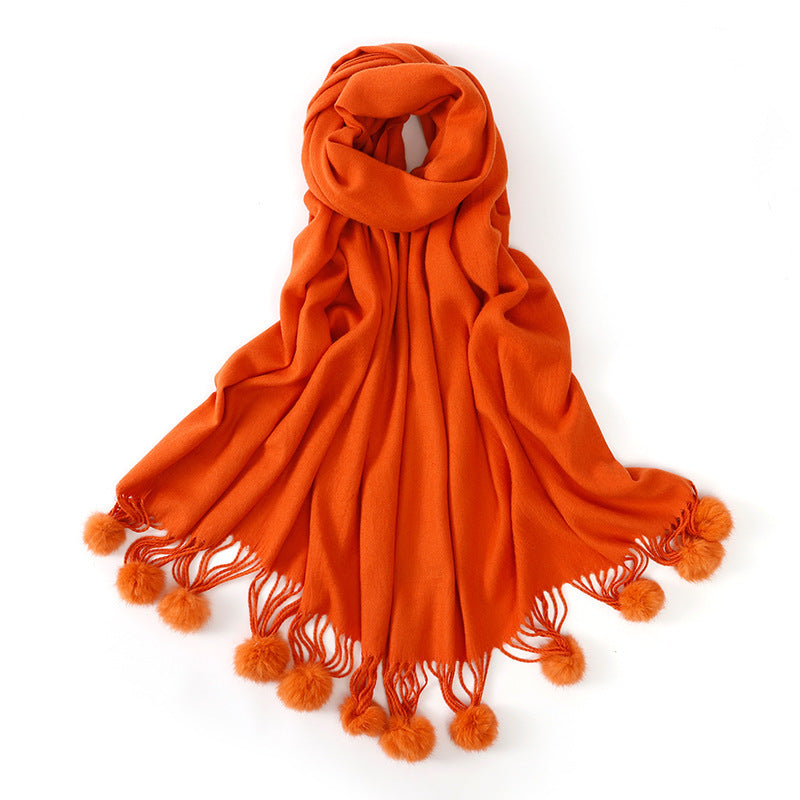 Pure color rabbit fur ball cashmere scarf