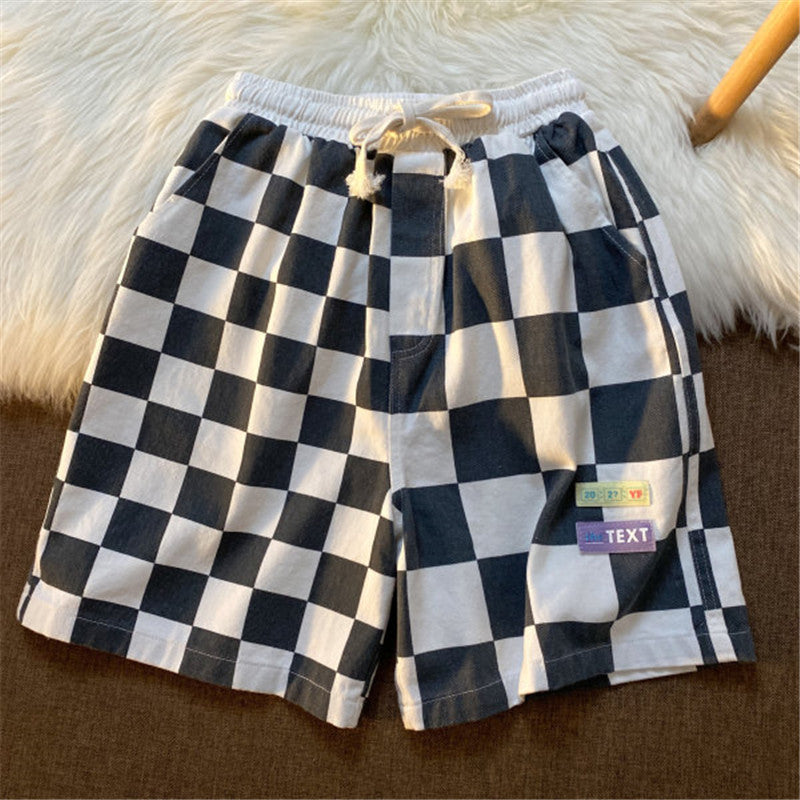 Contrasting Plaid Sports Shorts Loose Wide-leg Trendy Wild Straight Five-point Pants
