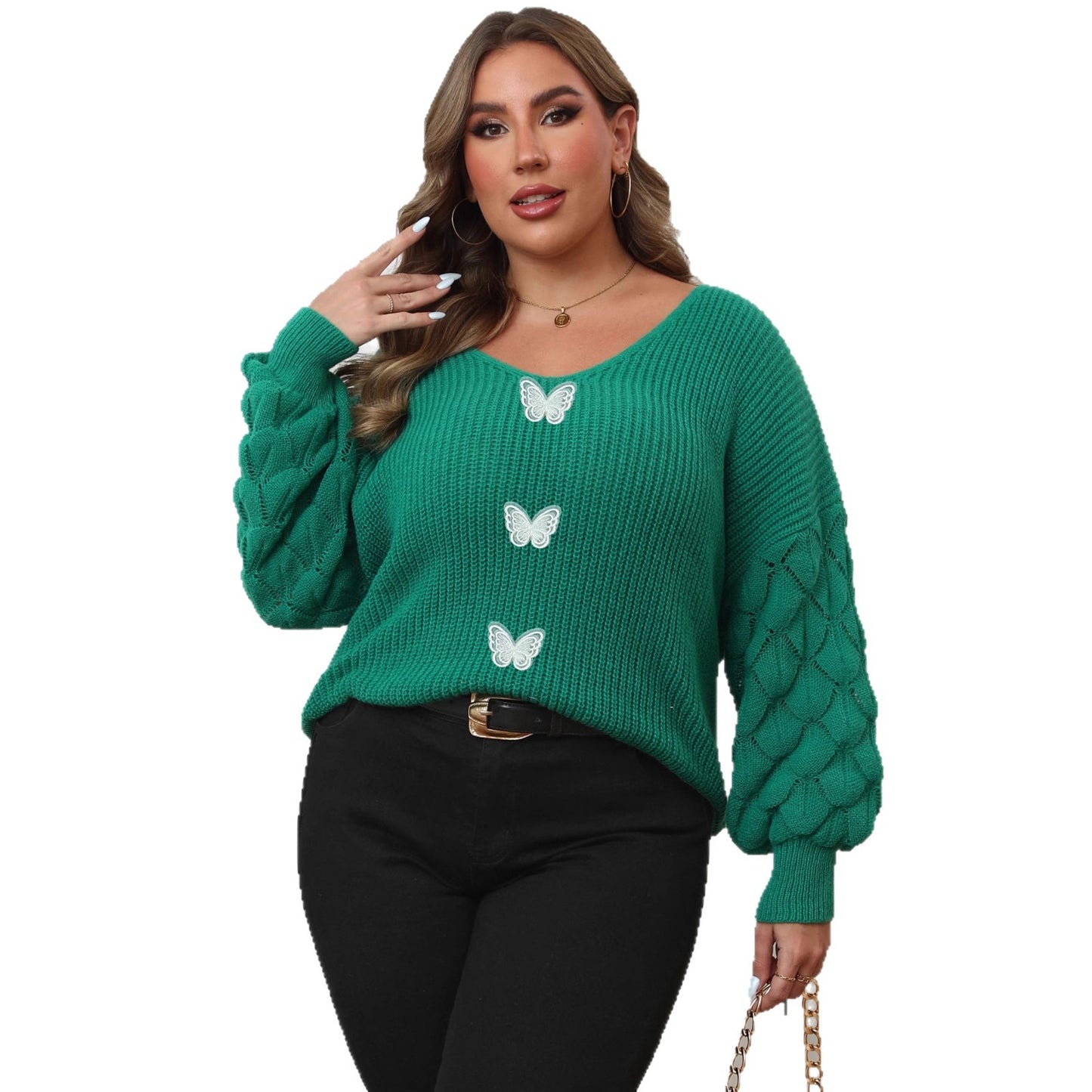 Plus Size Dame Ananas Ærme Sammenføjning Dybt V Vævet Blonde Sommerfugletrøje