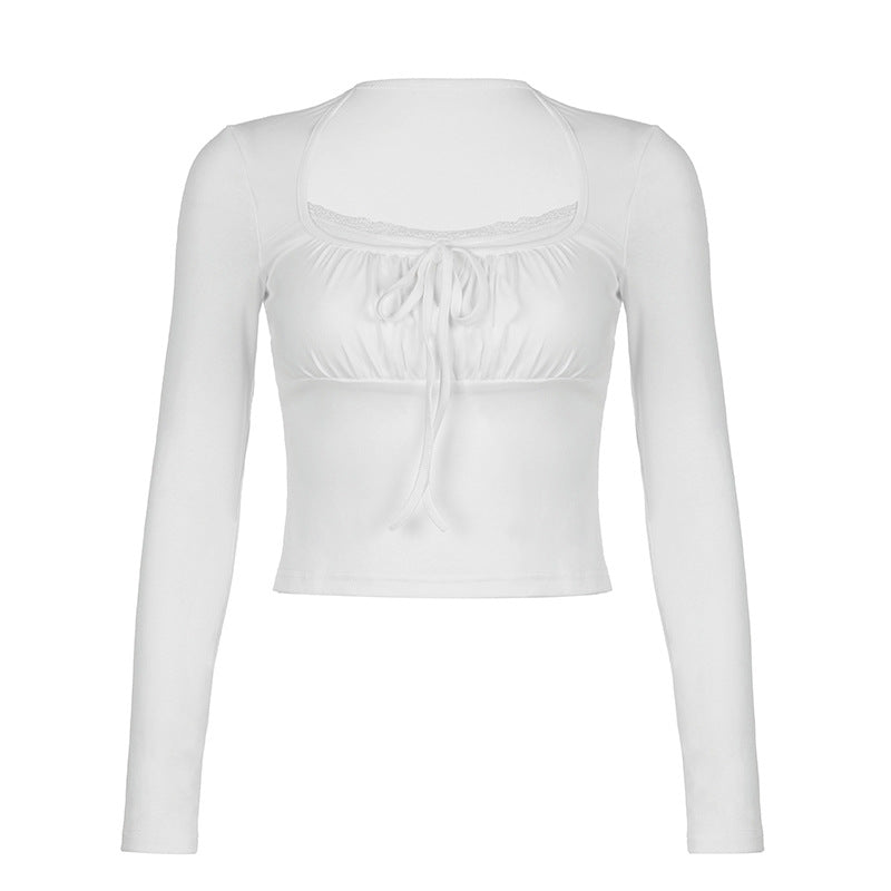 Lace Edge Stitching Fake Two-piece Long-sleeved T-shirt Slim Pleated Lace-up Short Top