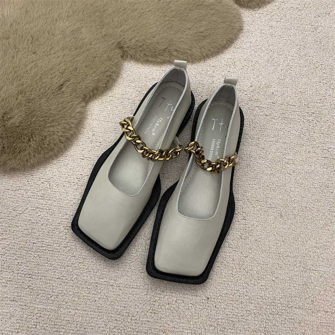 Metal Chain Square Toe Retro Leather Shoes