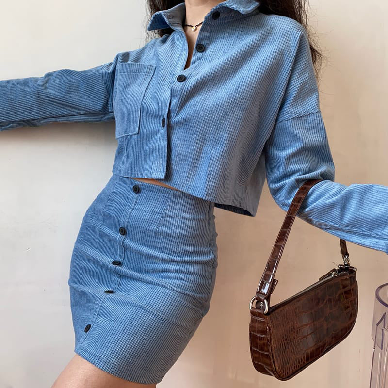 Fashion Casual Short Corduroy Jacket Skirt American Hot Girl Suit