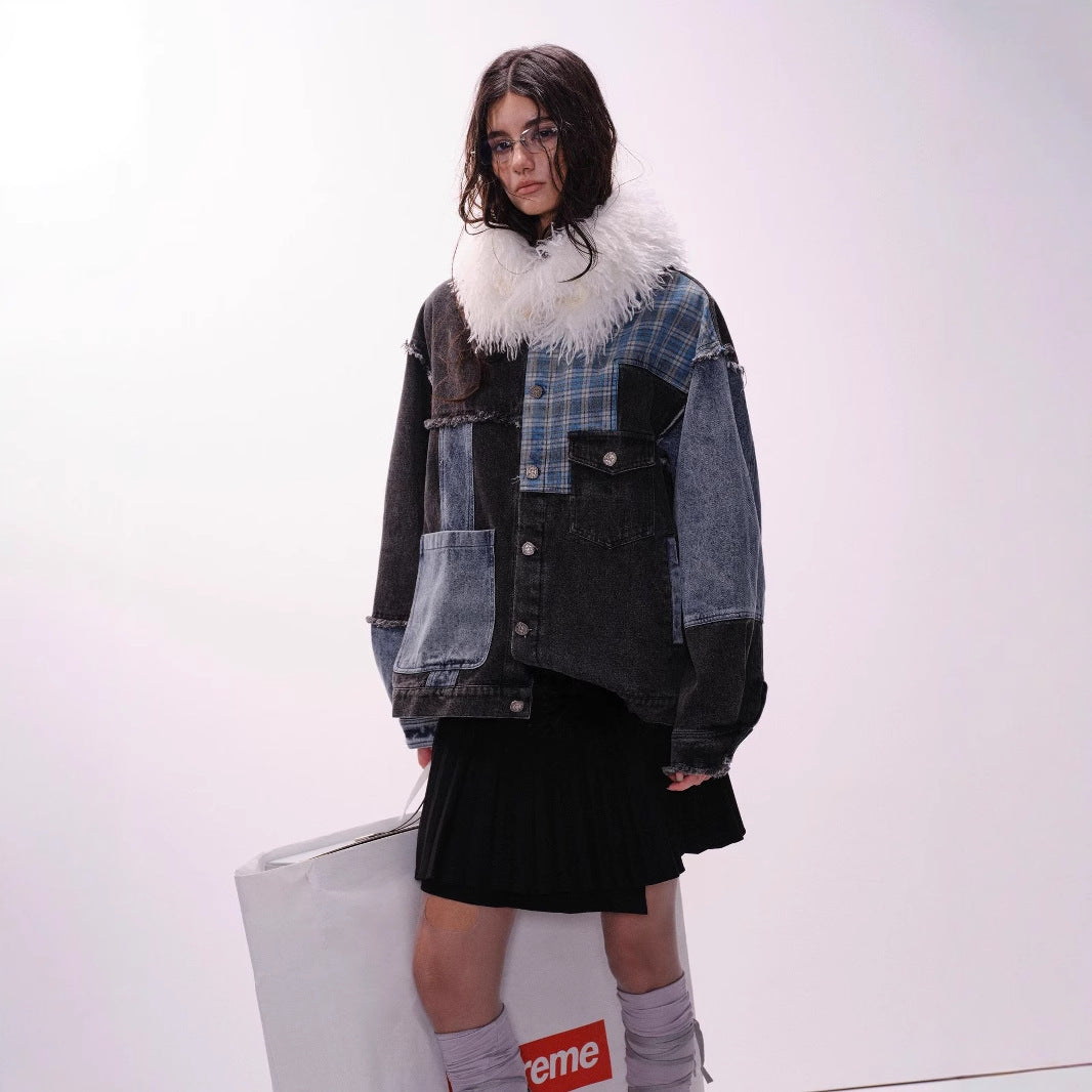 Retro Plaid Stitching Irregular Denim Jacket