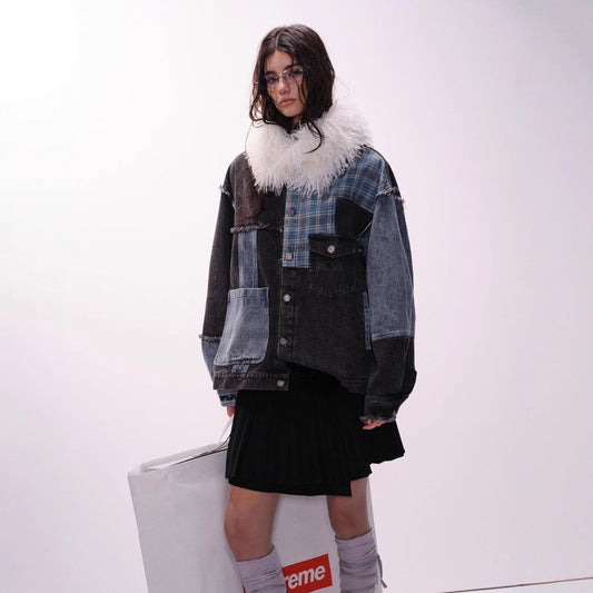 Retro Plaid Stitching Irregular Denim Jacket