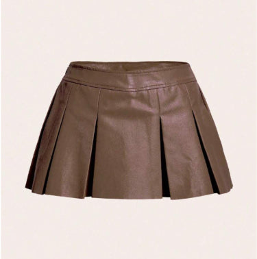 New Bottoms Solid Color PU Leather Pleated Skirt