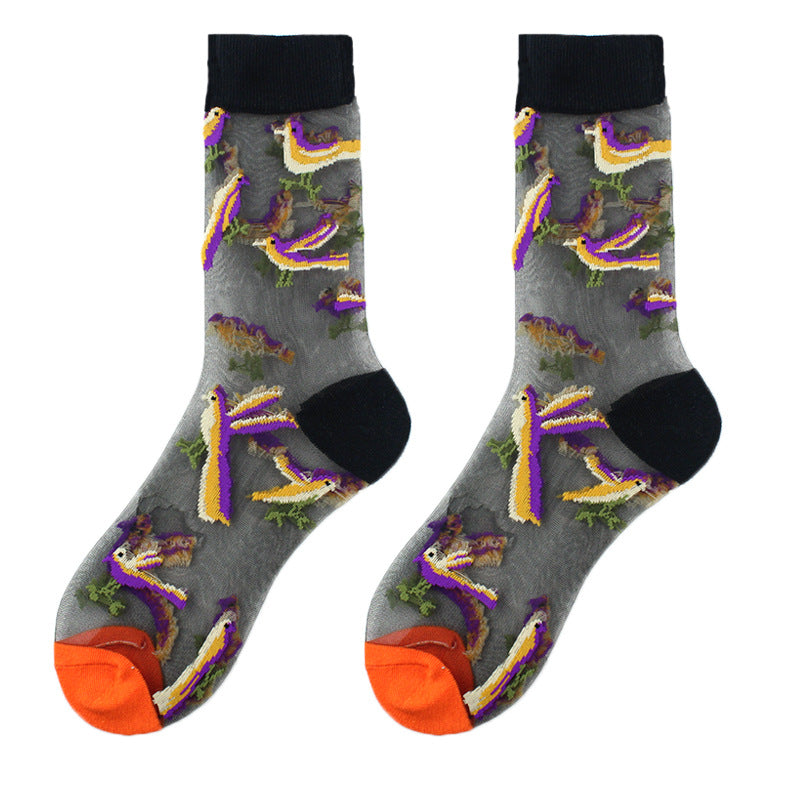Thin Mid Tube Fashion Style Flower Forest Glass Stockings