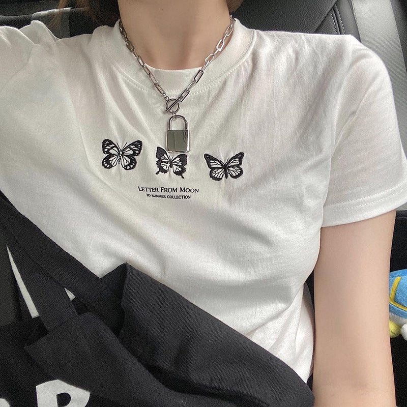 Butterfly Print Crew Neck T-Shirt Letter Cropped Casual Top