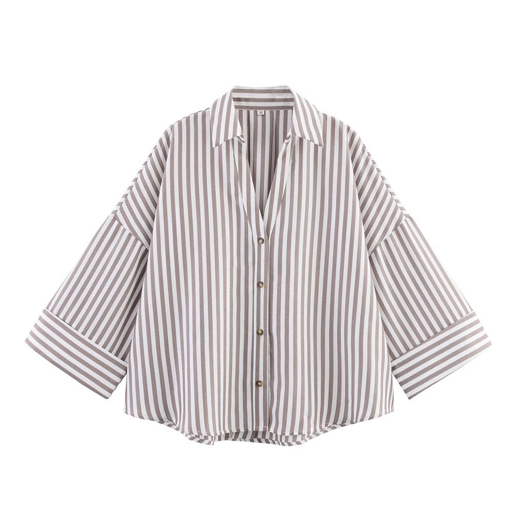 Women's Fashionable Slim-Fit Linen Multi-Color Striped Long-Sleeve Shirt