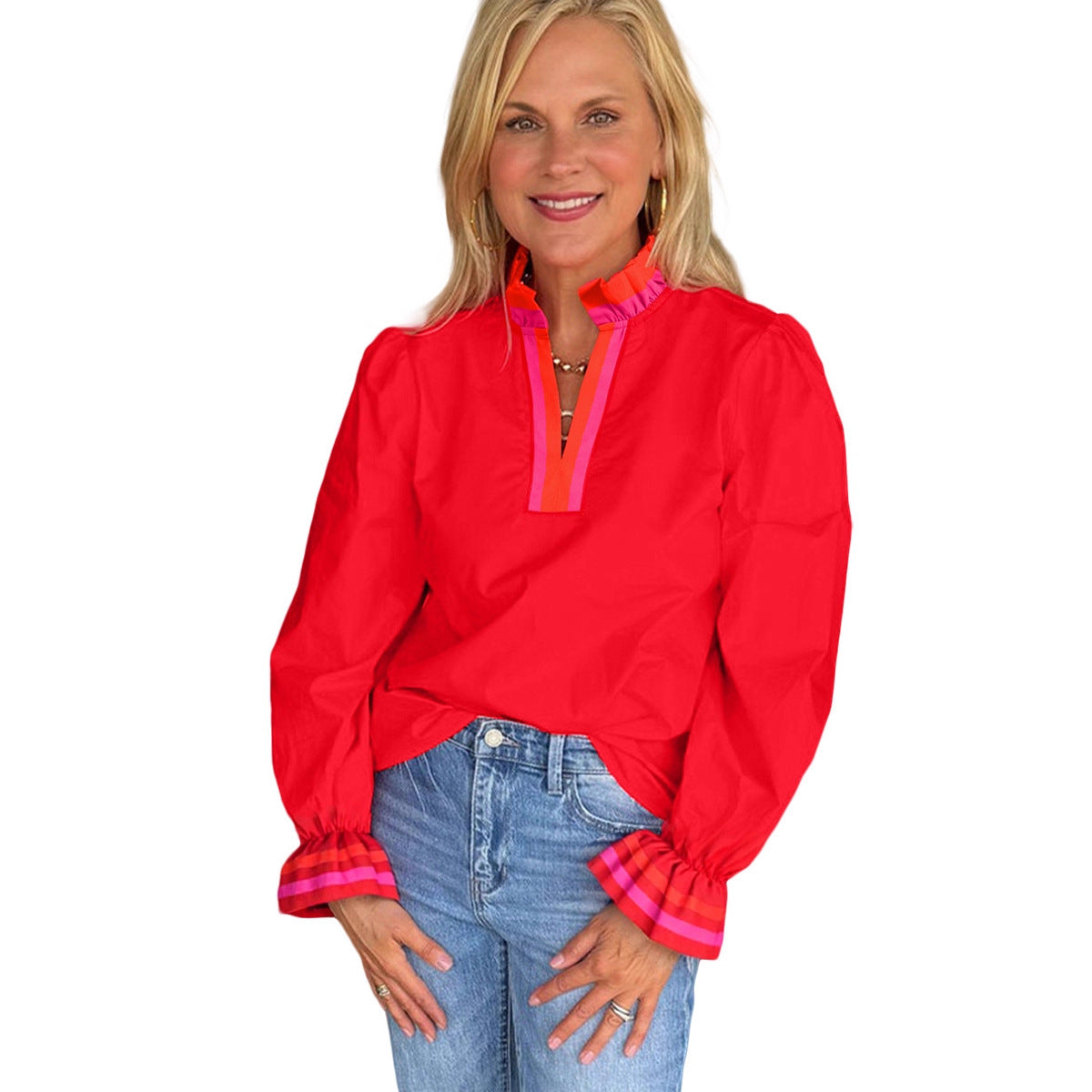 New Ruffled Loose Casual V-neck Long-sleeved Top