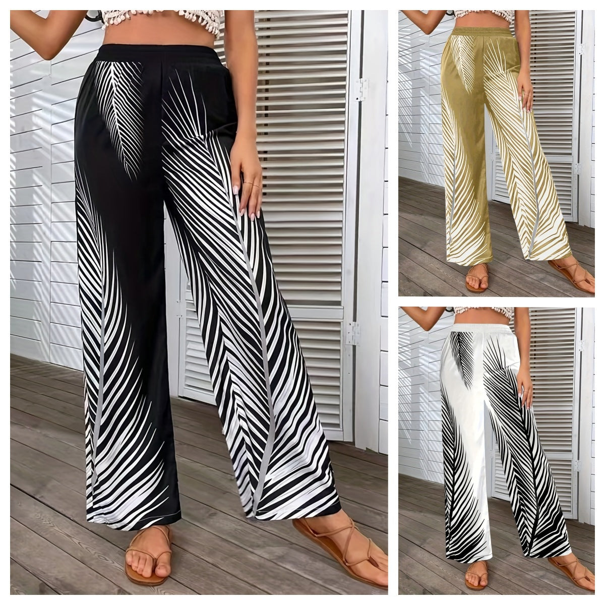 Fashion Elegant Striped Leaf Positioning Printed Wide-leg Pants Women