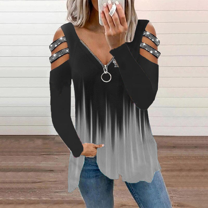 Women'S V-Neck Zip Pullover Printed Short Sleeve T-Shirt