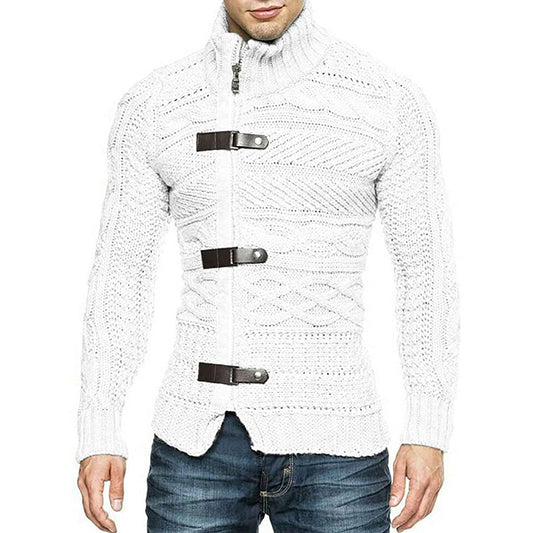 Turtleneck Sweater Men's Leather Button Long Sleeve Knit Cardigan Jacket