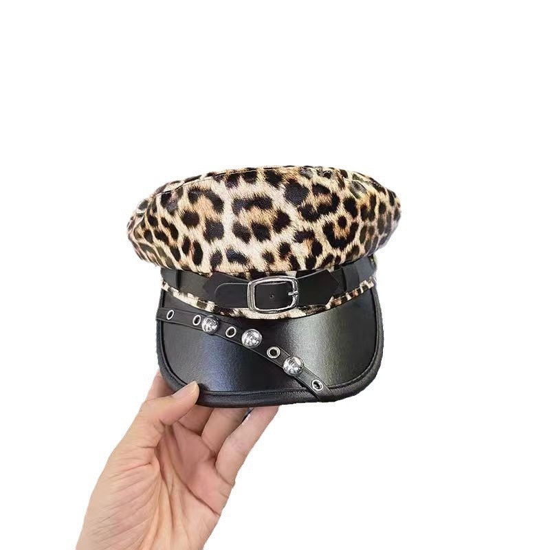 Spicy Girl Leopard-Print Nightclub Leather-Clasp Subculture Octagonal Hat