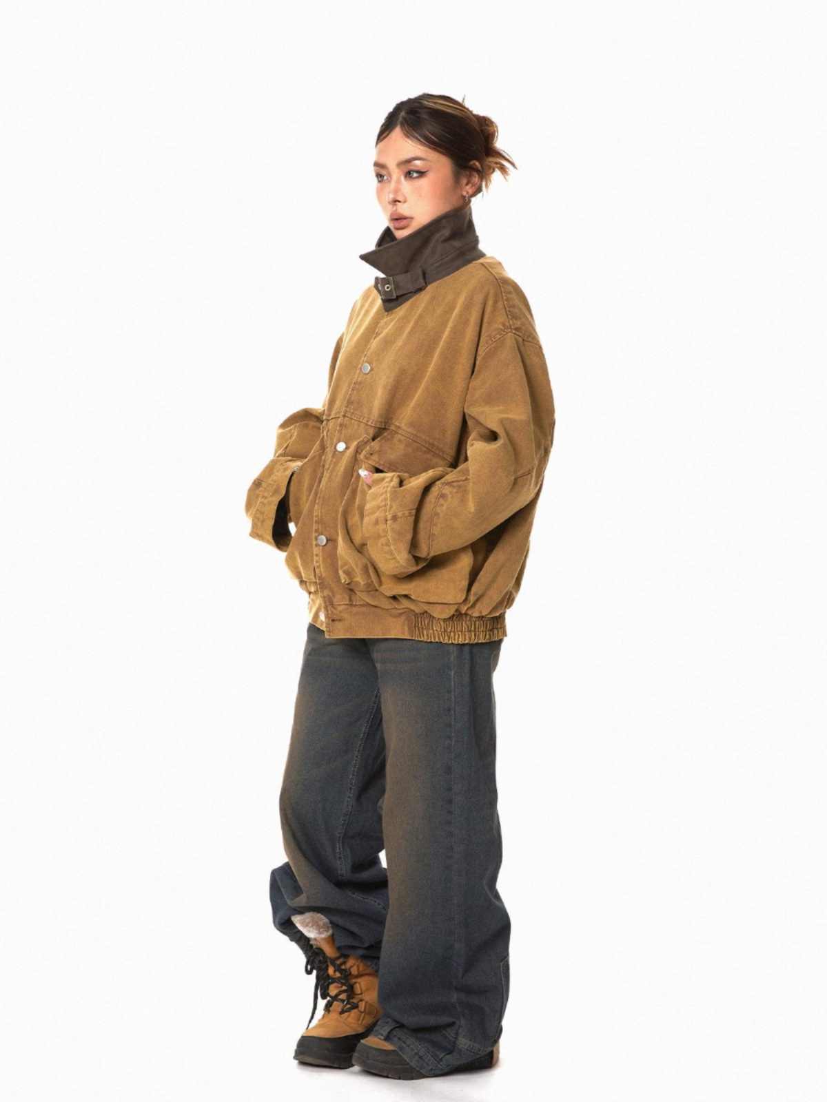 Lapel Tooling Distressed Large Pocket Stitching Jacket Loose Casual Short Coat