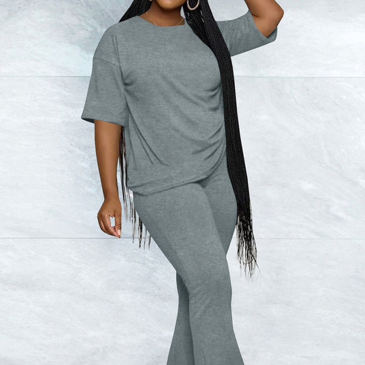 Casual Solid-Color Cotton-Like Crew-Neck Two-Piece Set
