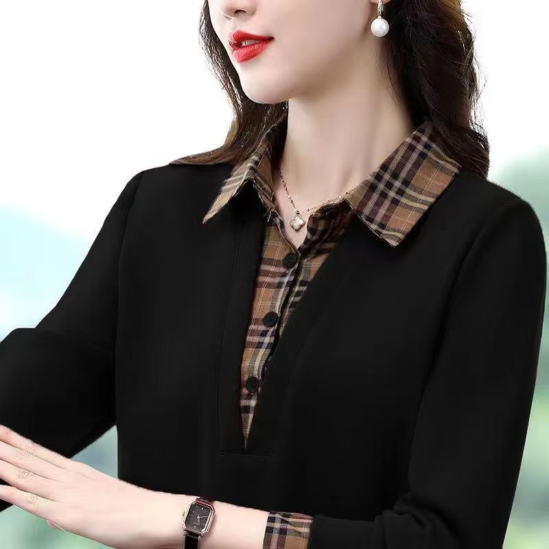 Autumn Fashion Patchwork Plaid Layered Slim-fit Top New Versatile Simple Fake Two-piece Stylish Long Sleeve