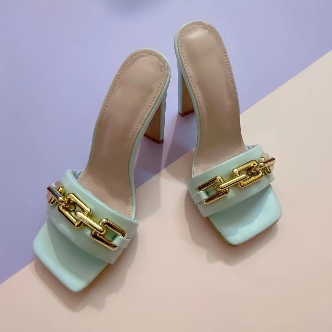 Sandals And Slippers Fashion Square Chain High Heel