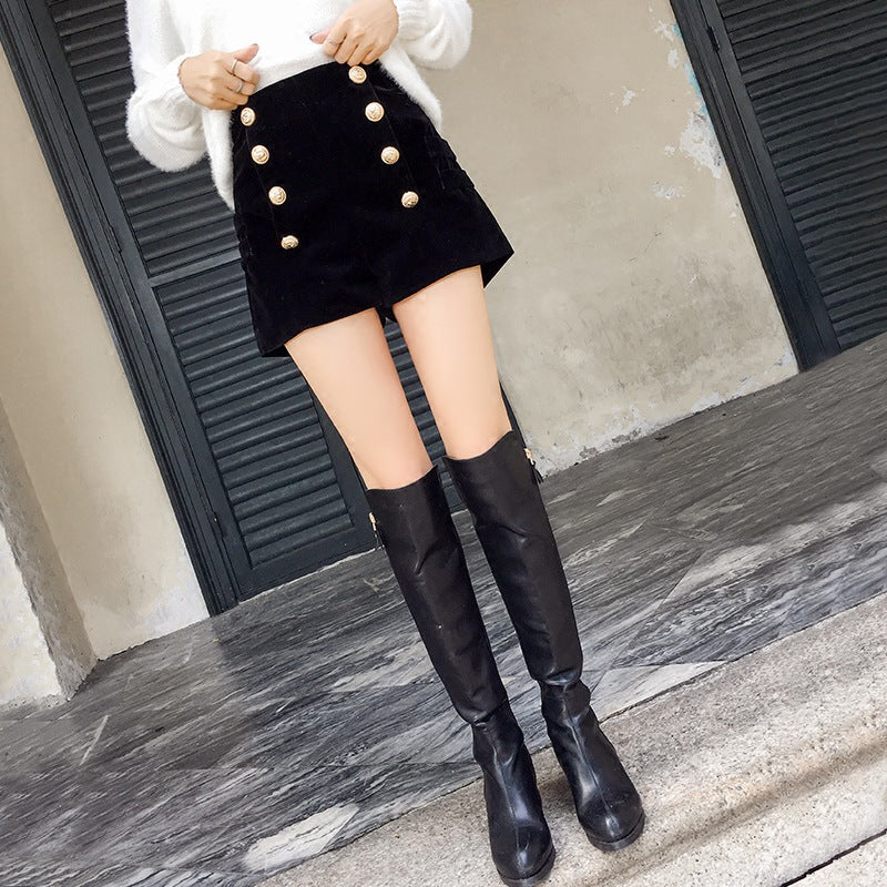 New Autumn and Winter Fashion Golden Velvet Double-breasted Shorts Baolan