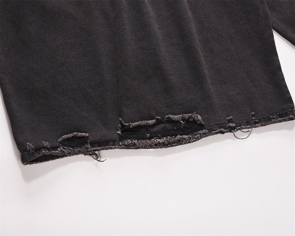 Punk Waste Soil Washed Old Ripped Denim Loose Casual Turn-down Collar Coat