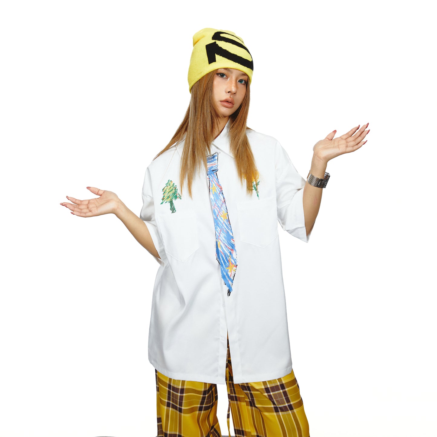 Japanese Fashion Brand Funnny And Creative Hand-painted Tie Design Men And Women Loose Shirt