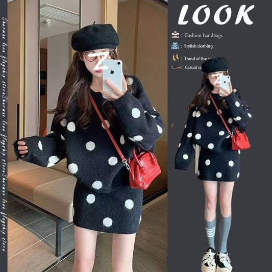 Fashion Casual Loose Knitted Top Sweater Dress Two-piece Set