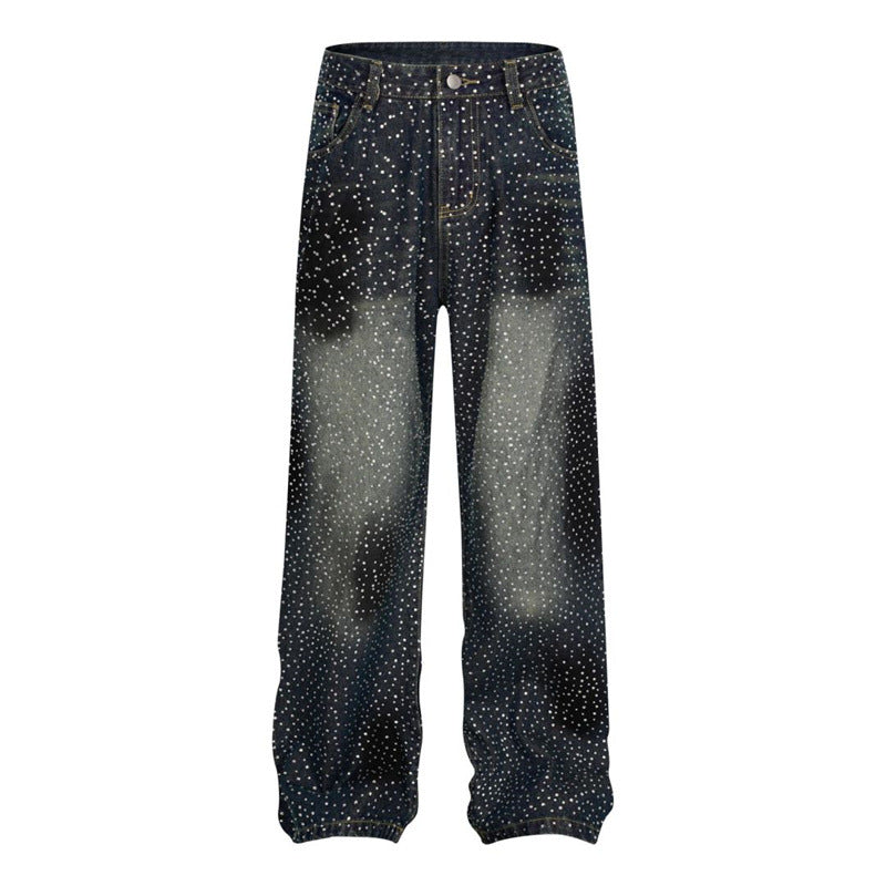 Special-interest Design Pants Rhinestone Loose Straight Wide Leg Casual Jeans
